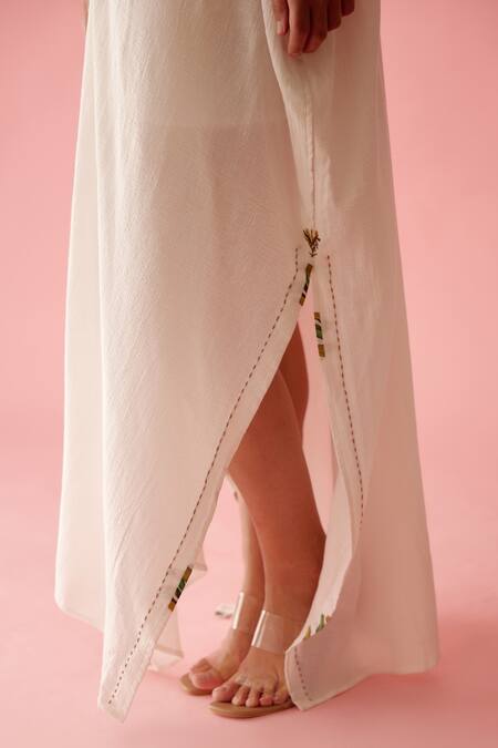 Shop_Nikasha_Off White Cotton Tassels V-neck Ruched Yoke Long Kaftan _Online_at_Aza_Fashions