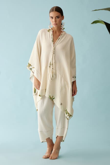 Nikasha_Cream Cotton Tassels Mandarin Collar Braided Yoke Kaftan _Online_at_Aza_Fashions