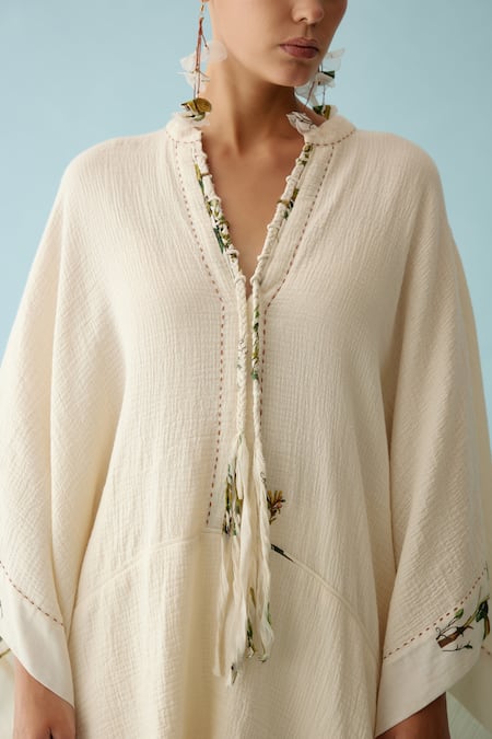 Buy_Nikasha_Cream Cotton Tassels Mandarin Collar Braided Yoke Kaftan _Online_at_Aza_Fashions