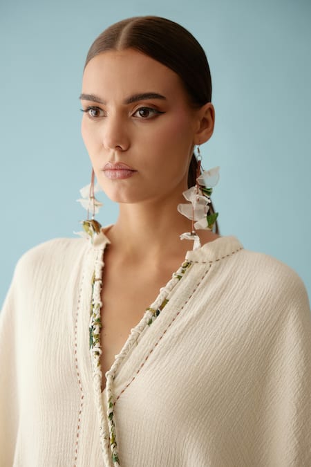 Nikasha_Cream Cotton Tassels Mandarin Collar Braided Yoke Kaftan _at_Aza_Fashions