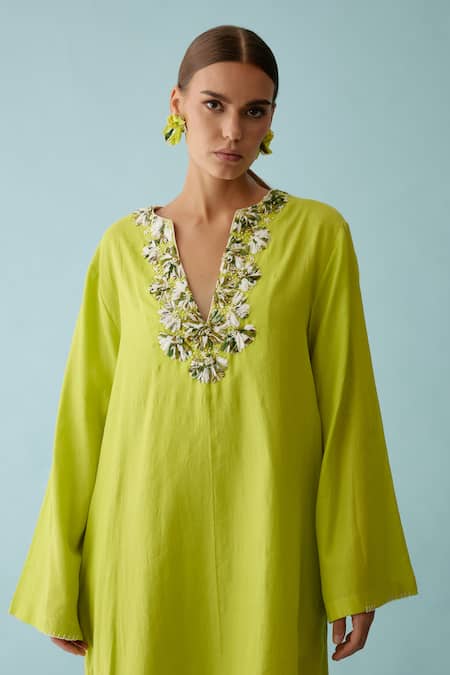 Nikasha Green Cotton Pearls V-neck Bloom Ribbon Embroidered Neckline Tunic Online at Aza Fashions Nikasha_Green Cotton Pearls V-neck Bloom Ribbon Embroidered Neckline Tunic _Online_at_Aza_Fashions