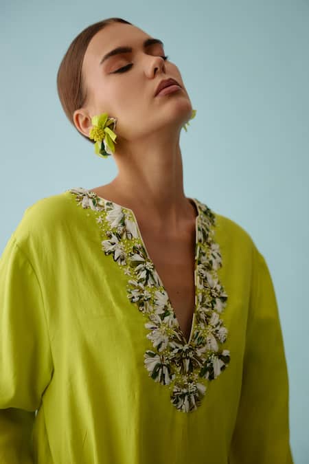 Buy Nikasha Green Cotton Pearls V-neck Bloom Ribbon Embroidered Neckline Tunic Online at Aza Fashions Buy_Nikasha_Green Cotton Pearls V-neck Bloom Ribbon Embroidered Neckline Tunic _Online_at_Aza_Fashions