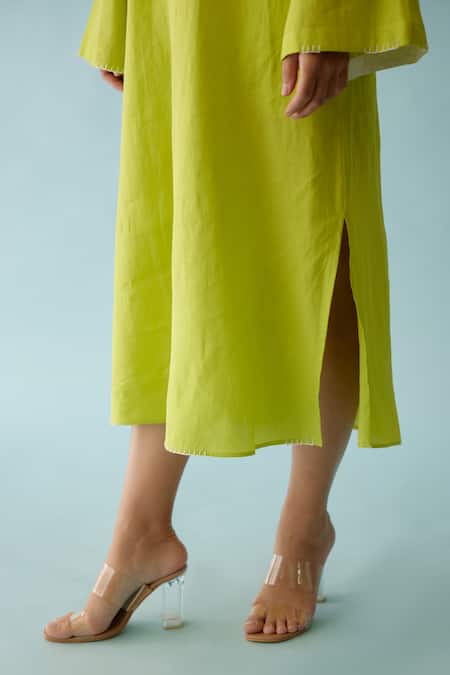 Shop Nikasha Green Cotton Pearls V-neck Bloom Ribbon Embroidered Neckline Tunic Online at Aza Fashions Shop_Nikasha_Green Cotton Pearls V-neck Bloom Ribbon Embroidered Neckline Tunic _Online_at_Aza_Fashions