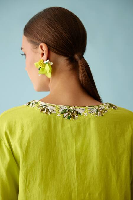 Nikasha Green Cotton Pearls V-neck Bloom Ribbon Embroidered Neckline Tunic at Aza Fashions Nikasha_Green Cotton Pearls V-neck Bloom Ribbon Embroidered Neckline Tunic _at_Aza_Fashions