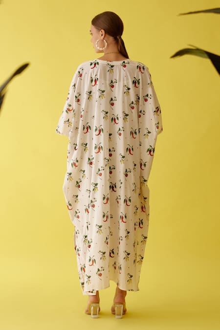 Shop Nikasha Off White Cotton Sequins V-neck Spicy Chilli Embellished Kaftan at Aza Fashions Shop_Nikasha_Off White Cotton Sequins V-neck Spicy Chilli Embellished Kaftan _at_Aza_Fashions