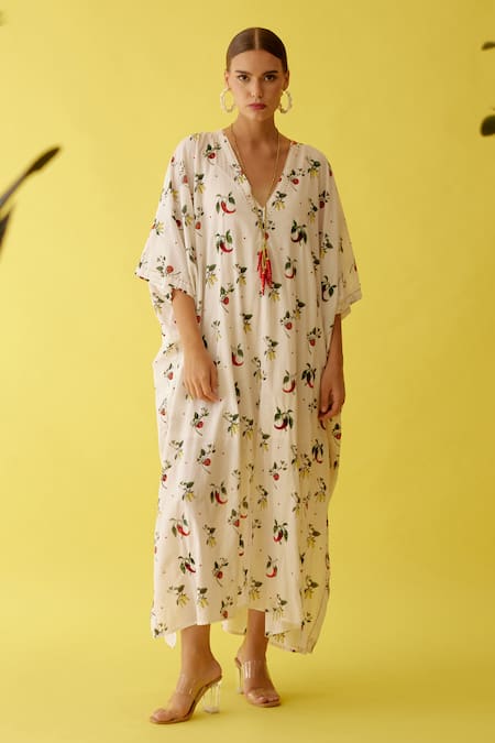 Nikasha Off White Cotton Sequins V-neck Spicy Chilli Embellished Kaftan Online at Aza Fashions Nikasha_Off White Cotton Sequins V-neck Spicy Chilli Embellished Kaftan _Online_at_Aza_Fashions