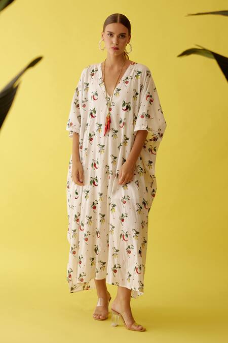 Buy Nikasha Off White Cotton Sequins V-neck Spicy Chilli Embellished Kaftan Online at Aza Fashions Buy_Nikasha_Off White Cotton Sequins V-neck Spicy Chilli Embellished Kaftan _Online_at_Aza_Fashions