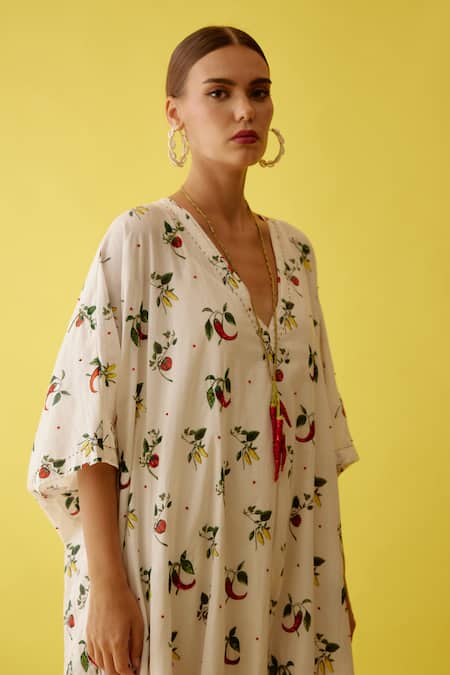 Shop Nikasha Off White Cotton Sequins V-neck Spicy Chilli Embellished Kaftan Online at Aza Fashions Shop_Nikasha_Off White Cotton Sequins V-neck Spicy Chilli Embellished Kaftan _Online_at_Aza_Fashions