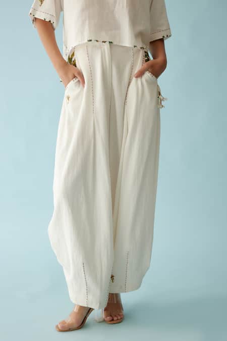Shop_Nikasha_Off White Cotton Textured Baggy Pant _at_Aza_Fashions