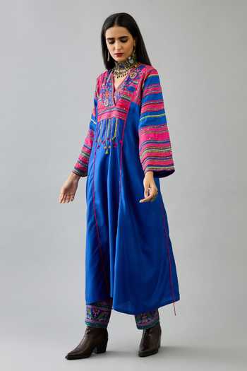 Kora_Blue Silk Mirrors, Sequins, Embroidery V-neck Yoke Long Kurta And Pant Set _Online_at_Aza_Fashions