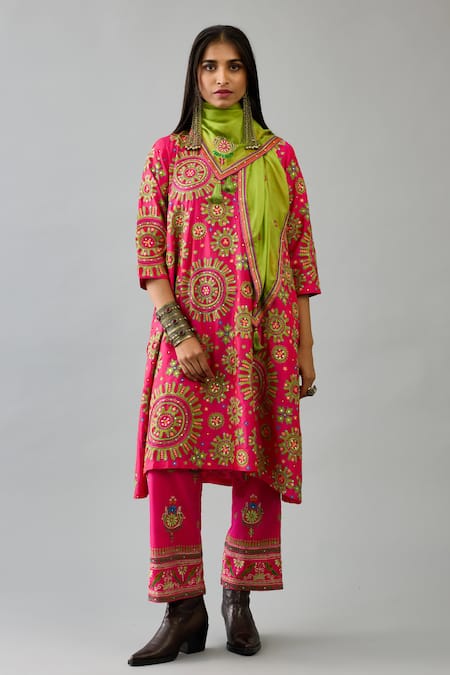 KORA Silk Floral Embroidered A-Line Kurta Set 