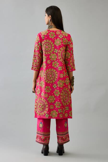 Shop Kora Fuchsia Silk Embroidery Collared Floral A-line Kurta Set Online at Aza Fashions Shop_Kora_Fuchsia Silk Embroidery Collared Floral A-line Kurta Set _Online_at_Aza_Fashions