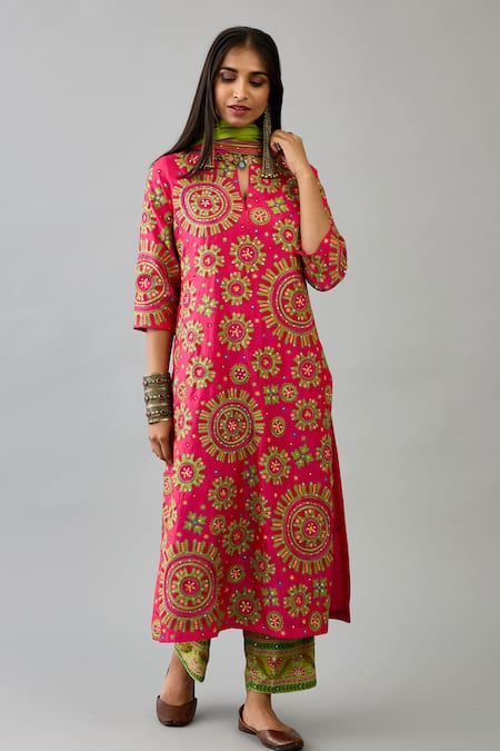 KORA Silk Sequins Embroidered Straight Kurta Set 