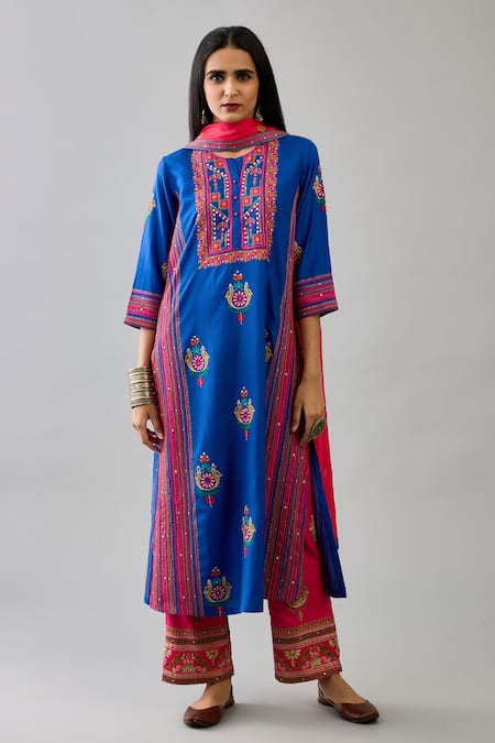 KORA Silk Floral Embroidered Straight Kurta Set 