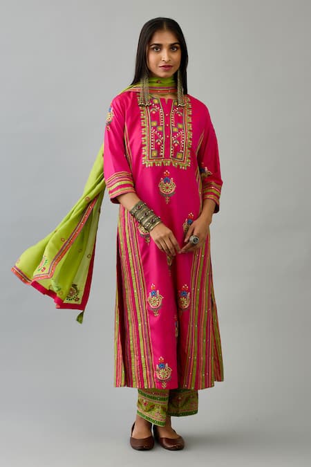 KORA Silk Embroidered Straight Kurta Set 