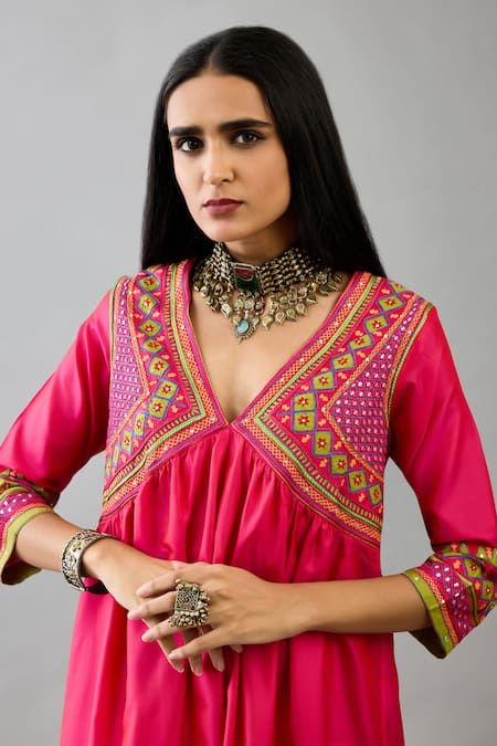 Shop_Kora_Fuchsia Silk Embroidery, Mirrors V-neck Anarkali With Pant _Online_at_Aza_Fashions