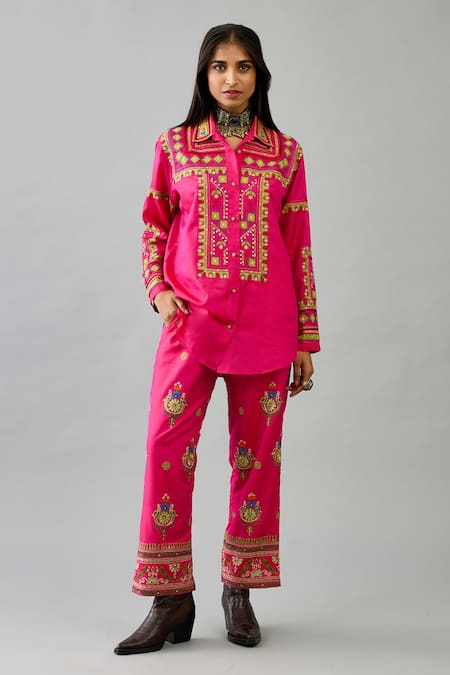 KORA Silk Geometric Embroidered Shirt With Pant 