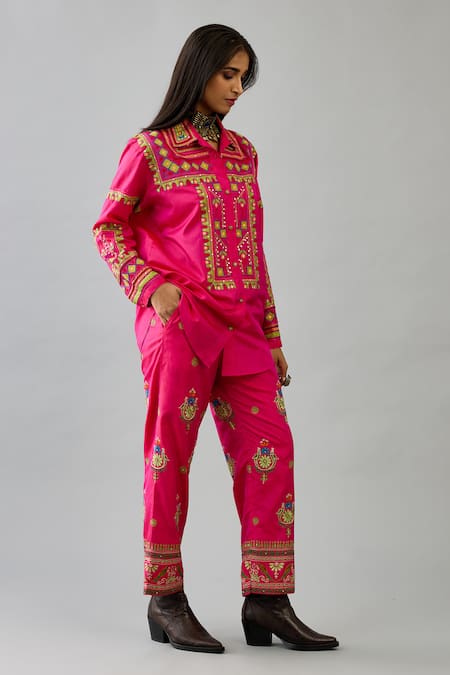 Kora Silk Geometric Embroidered Shirt With Pant 