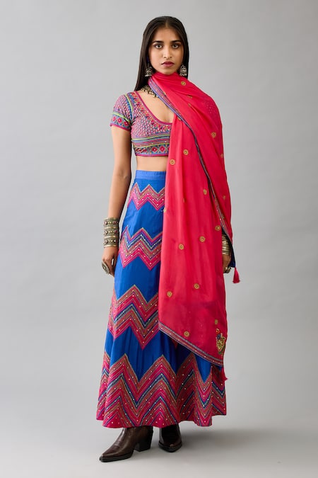 Buy Kora Blue Silk Embroidery, Mirrors Round Neck Chevron Lehenga Set at Aza Fashions Buy_Kora_Blue Silk Embroidery, Mirrors Round Neck Chevron Lehenga Set _at_Aza_Fashions