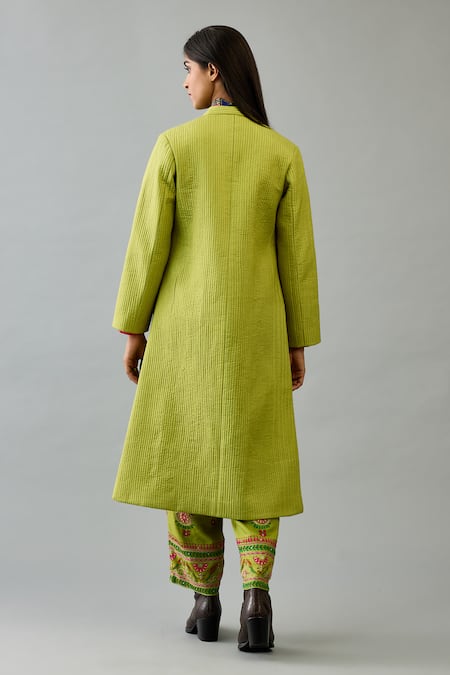 Shop Kora Green Silk Embroidery Round , Shawl Quilted Long Jacket Pant Set at Aza Fashions Shop_Kora_Green Silk Embroidery Round , Shawl Quilted Long Jacket Pant Set _at_Aza_Fashions