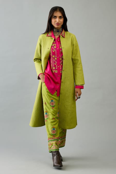 Buy Kora Green Silk Embroidery Round , Shawl Quilted Long Jacket Pant Set Online at Aza Fashions Buy_Kora_Green Silk Embroidery Round , Shawl Quilted Long Jacket Pant Set _Online_at_Aza_Fashions