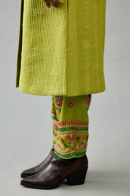 Kora Green Silk Embroidery Round , Shawl Quilted Long Jacket Pant Set at Aza Fashions Kora_Green Silk Embroidery Round , Shawl Quilted Long Jacket Pant Set _at_Aza_Fashions