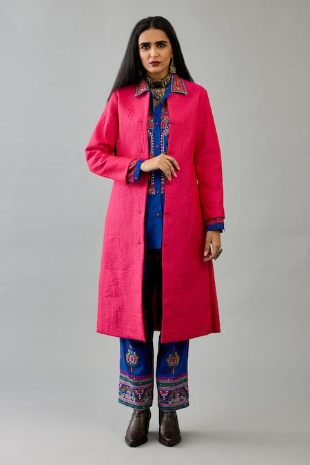 Kora_Pink Silk, Cotton Embroidery Round , Shawl Quilted Long Jacket Pant Set _Online_at_Aza_Fashions