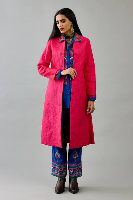 Buy_Kora_Pink Silk, Cotton Embroidery Round , Shawl Quilted Long Jacket Pant Set _Online_at_Aza_Fashions