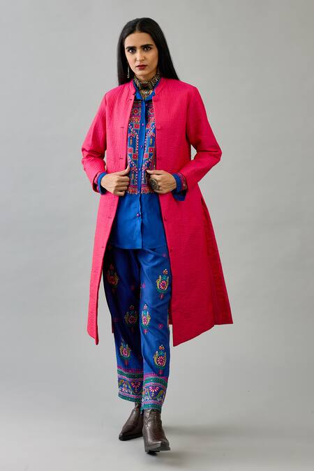 Shop_Kora_Pink Silk, Cotton Embroidery Round , Shawl Quilted Long Jacket Pant Set _Online_at_Aza_Fashions