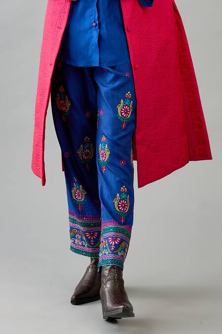 Kora_Pink Silk, Cotton Embroidery Round , Shawl Quilted Long Jacket Pant Set _at_Aza_Fashions