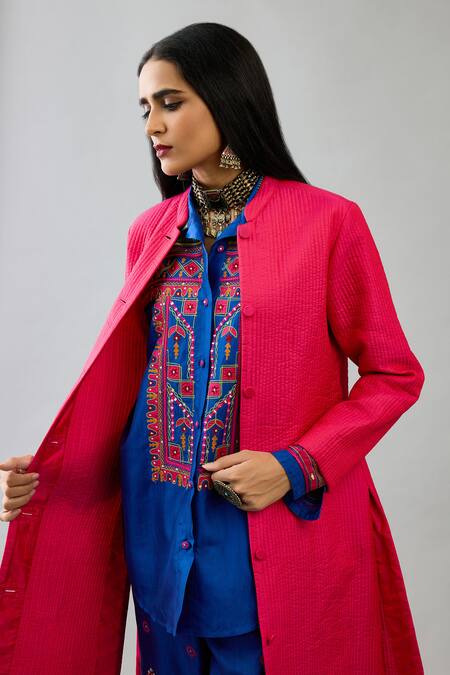 Buy_Kora_Pink Silk, Cotton Embroidery Round , Shawl Quilted Long Jacket Pant Set 