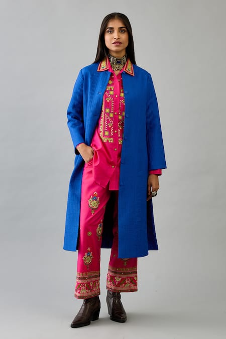 KORA Quilted Long Jacket Embroidered Pant Set 