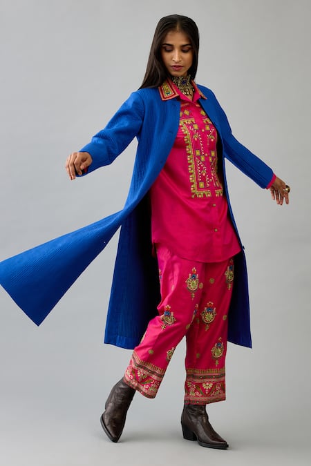 Kora_Blue Silk Embroidery Round , Shawl Quilted Long Jacket Pant Set _Online_at_Aza_Fashions