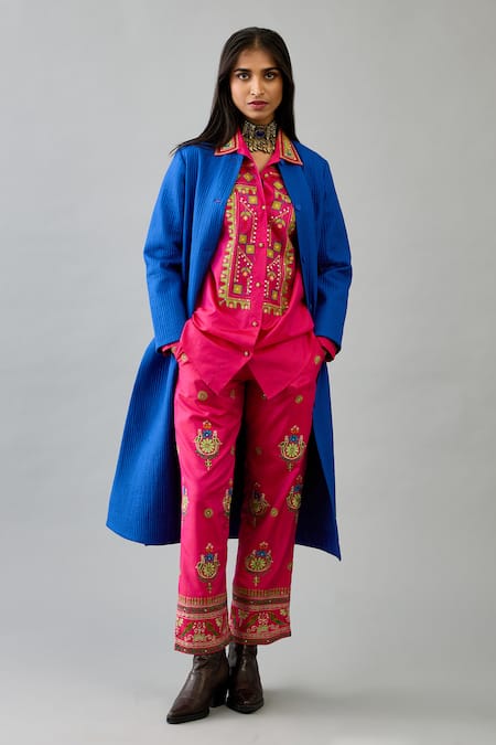 Buy_Kora_Blue Silk Embroidery Round , Shawl Quilted Long Jacket Pant Set _Online_at_Aza_Fashions