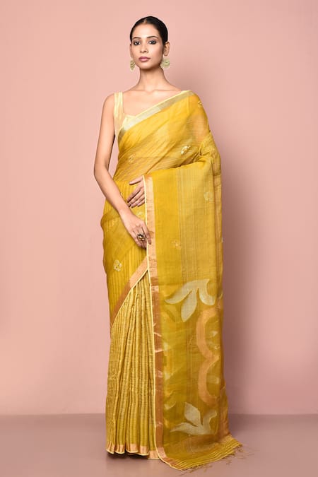 Nazaakat by Samara Singh Yellow Pure Tissue Silk Woven Floral Saree With Running Blouse Piece