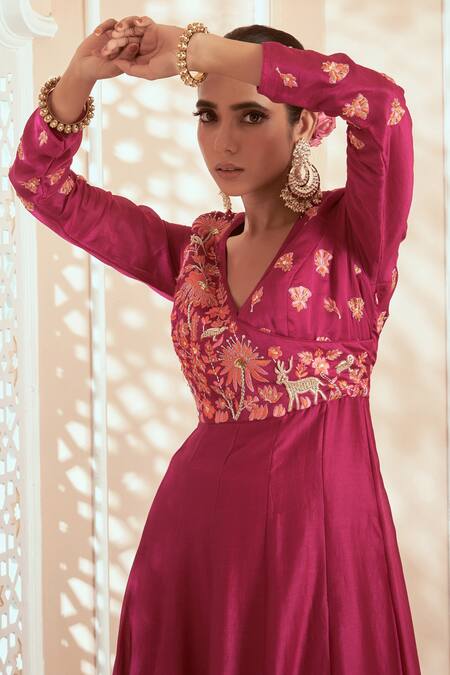 Megha Pitti Pink Chanderi, Bamboo Embroidery V-neck Floral Anarkali Set Online at Aza Fashions Megha Pitti_Pink Chanderi, Bamboo Embroidery V-neck Floral Anarkali Set _Online_at_Aza_Fashions