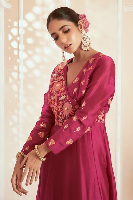 Buy Megha Pitti Pink Chanderi, Bamboo Embroidery V-neck Floral Anarkali Set Online at Aza Fashions Buy_Megha Pitti_Pink Chanderi, Bamboo Embroidery V-neck Floral Anarkali Set _Online_at_Aza_Fashions
