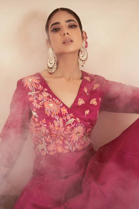 Shop Megha Pitti Pink Chanderi, Bamboo Embroidery V-neck Floral Anarkali Set Online at Aza Fashions Shop_Megha Pitti_Pink Chanderi, Bamboo Embroidery V-neck Floral Anarkali Set _Online_at_Aza_Fashions