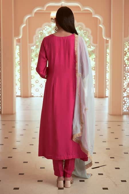 Shop_Megha Pitti_Pink Silk, Organza, Hemp Embroidery V-neck Floral A-line Kurta Set _at_Aza_Fashions