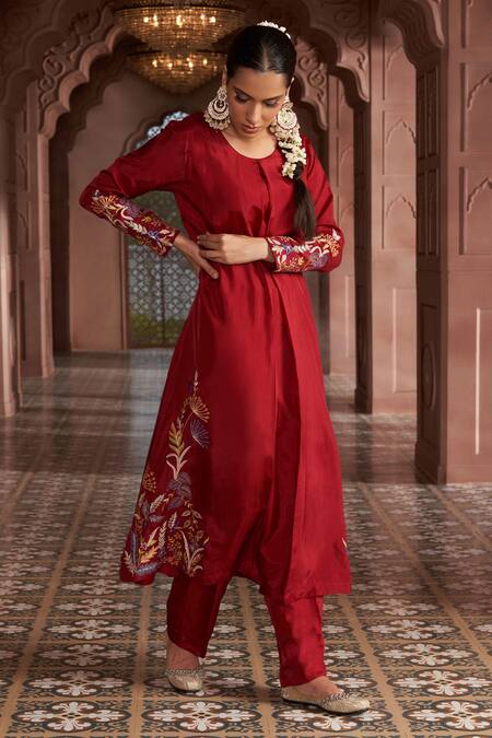 Megha Pitti Maroon Silk Embroidery Round Neck Floral Bloom Kurta Set Online at Aza Fashions Megha Pitti_Maroon Silk Embroidery Round Neck Floral Bloom Kurta Set _Online_at_Aza_Fashions