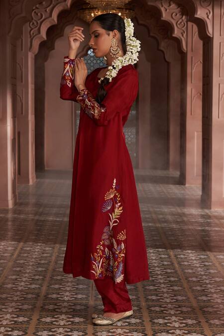 Shop Megha Pitti Maroon Silk Embroidery Round Neck Floral Bloom Kurta Set Online at Aza Fashions Shop_Megha Pitti_Maroon Silk Embroidery Round Neck Floral Bloom Kurta Set _Online_at_Aza_Fashions