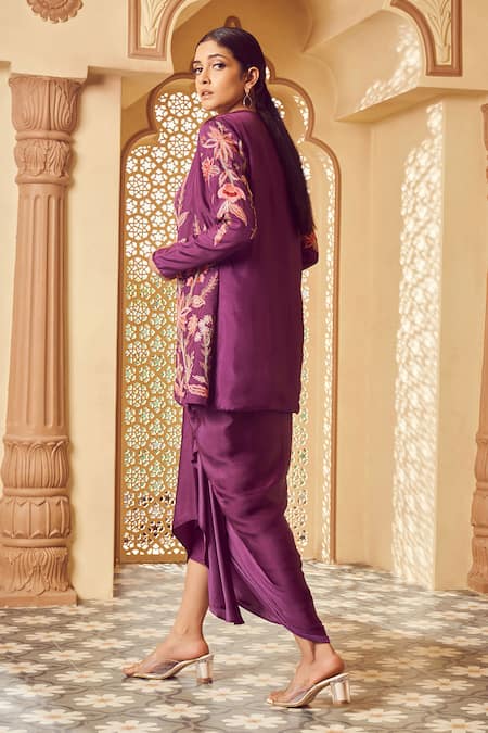 Shop Megha Pitti Purple Silk, Satin Embroidery Scoop Neck, Round Floral Jacket And Dhoti Skirt Set at Aza Fashions Shop_Megha Pitti_Purple Silk, Satin Embroidery Scoop Neck, Round Floral Jacket And Dhoti Skirt Set _at_Aza_Fashions