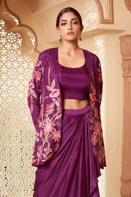 Megha Pitti Purple Silk, Satin Embroidery Scoop Neck, Round Floral Jacket And Dhoti Skirt Set Online at Aza Fashions Megha Pitti_Purple Silk, Satin Embroidery Scoop Neck, Round Floral Jacket And Dhoti Skirt Set _Online_at_Aza_Fashions