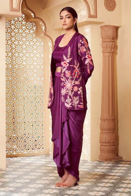 Buy Megha Pitti Purple Silk, Satin Embroidery Scoop Neck, Round Floral Jacket And Dhoti Skirt Set Online at Aza Fashions Buy_Megha Pitti_Purple Silk, Satin Embroidery Scoop Neck, Round Floral Jacket And Dhoti Skirt Set _Online_at_Aza_Fashions