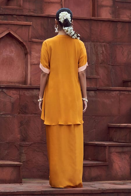 Shop Megha Pitti Yellow Embroidery Round Neck Botanic Tunic And Dhoti Skirt Set at Aza Fashions Shop_Megha Pitti_Yellow Embroidery Round Neck Botanic Tunic And Dhoti Skirt Set _at_Aza_Fashions