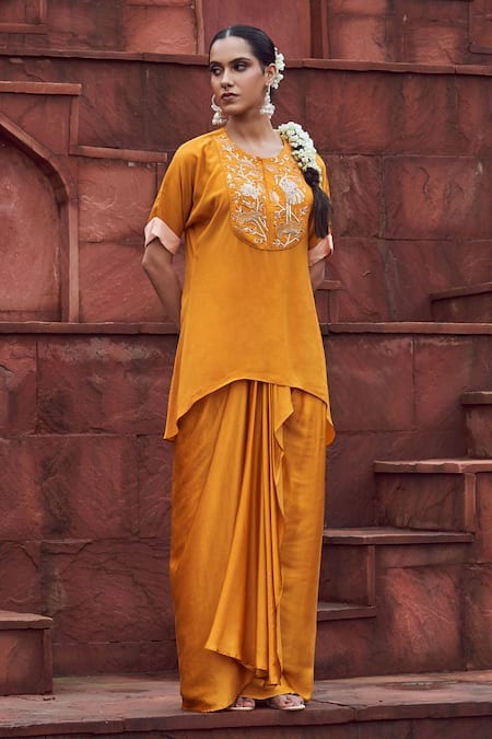 Megha Pitti Yellow Embroidery Round Neck Botanic Tunic And Dhoti Skirt Set Online at Aza Fashions Megha Pitti_Yellow Embroidery Round Neck Botanic Tunic And Dhoti Skirt Set _Online_at_Aza_Fashions