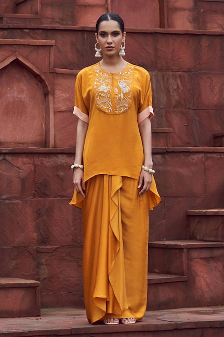 Buy Megha Pitti Yellow Embroidery Round Neck Botanic Tunic And Dhoti Skirt Set Online at Aza Fashions Buy_Megha Pitti_Yellow Embroidery Round Neck Botanic Tunic And Dhoti Skirt Set _Online_at_Aza_Fashions