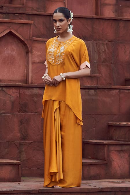 Shop Megha Pitti Yellow Embroidery Round Neck Botanic Tunic And Dhoti Skirt Set Online at Aza Fashions Shop_Megha Pitti_Yellow Embroidery Round Neck Botanic Tunic And Dhoti Skirt Set _Online_at_Aza_Fashions