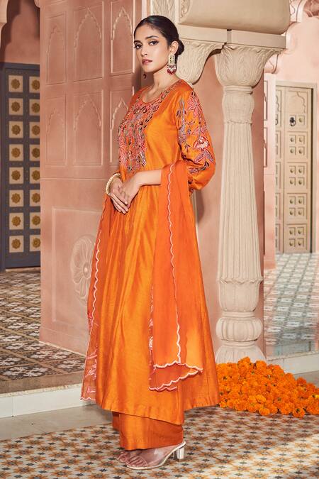 Shop_Megha Pitti_Orange Bamboo Embroidery Round Neck Floral Kurta Pant Set _Online_at_Aza_Fashions