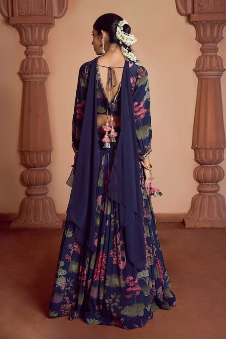 Shop Megha Pitti Blue Bamboo, Brocade Embroidery, Tassels V-neck Botanic Print Lehenga Set at Aza Fashions Shop_Megha Pitti_Blue Bamboo, Brocade Embroidery, Tassels V-neck Botanic Print Lehenga Set _at_Aza_Fashions